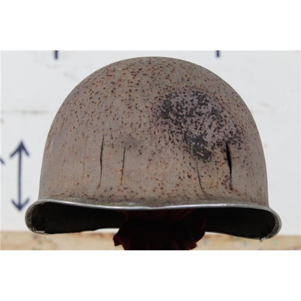 Original (Early) WW2 Fixed Bale U.S. M1 Steel Combat Helmet Shell with Combat Damage
