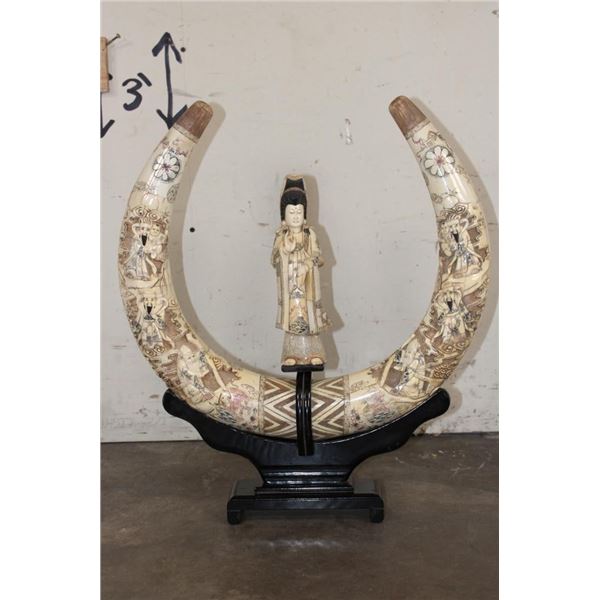 Antique Carved and Scrimshawed Bone Guanyin Figure with 2 Tusks or Horns on a Hand-carved Stand