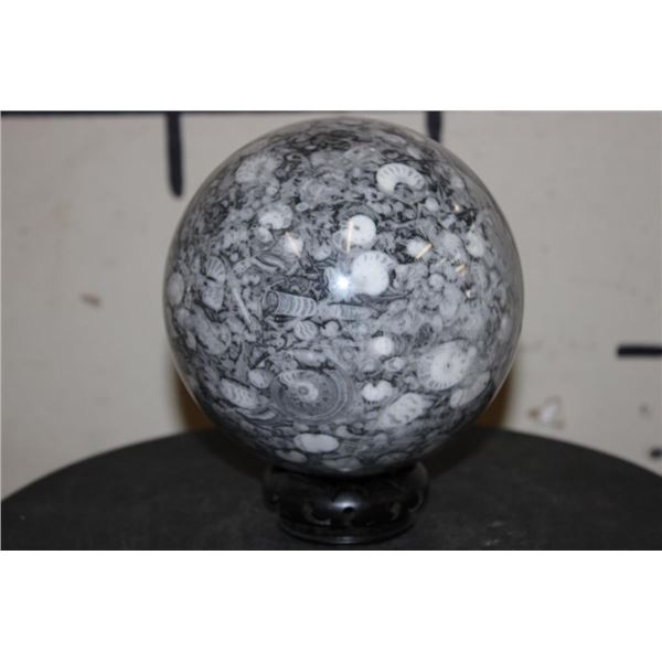 Big and *Rare* 9 lb CRINOID, AMMONITE and ORTHOCERAS Fossil Sphere  with a Hand-carved Wooden