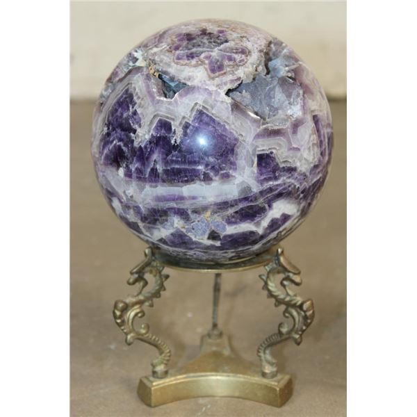 Big 7 lb DREAM AMETHYST Crystal Sphere with Inclusions and a BRASS Dragon Display Stand