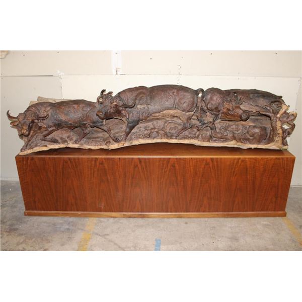 Huge Original Hand-carved Leadwood Sculpture of 3 CAPE BUFFALO by artist Robert Nzali