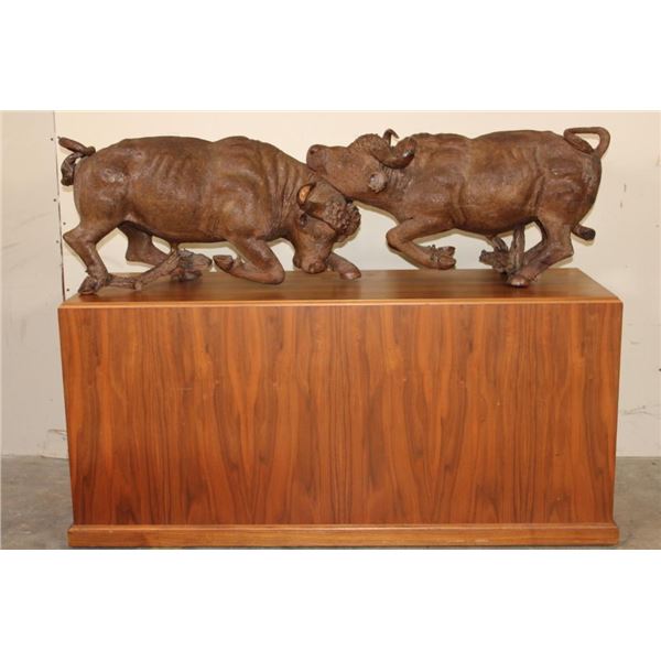 XL Original Hand-carved Leadwood Sculpture of 2 CAPE BUFFALO by African artist Robert Nzali