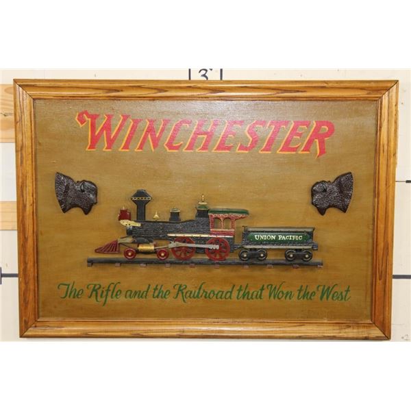 Vintage "Winchester" and "Union Pacific" Hand-painted Wooden Advertisement Sign with Carved Details