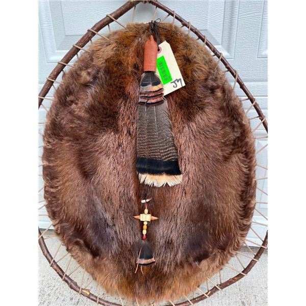 Native American Style *New* BEAVER Hide with Turkey Feathers in a Willow Hoop