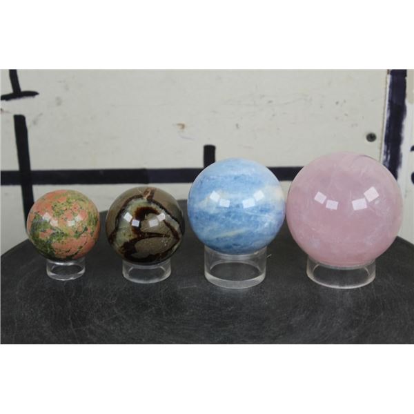 (4) Semi-Precious Polished MINERAL Spheres with Plastic Ring Stands (ONE$)