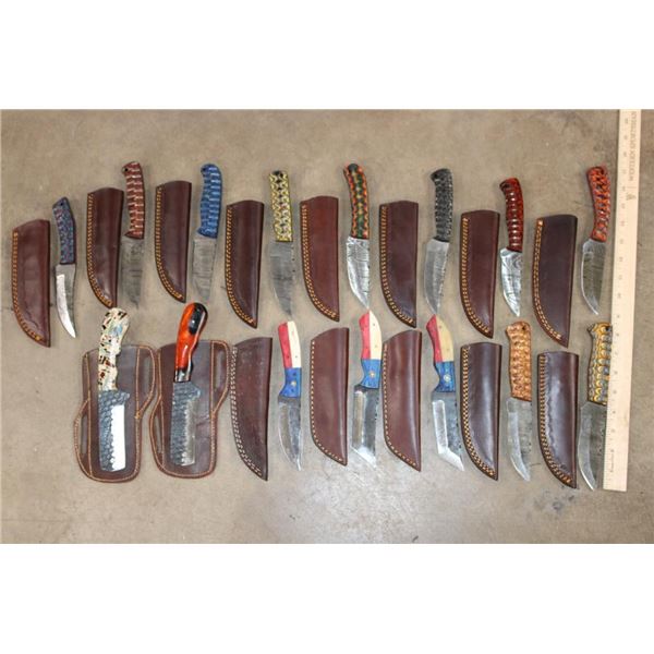 (10) *New* Damascus Steel Fixed Blade KNIVES and (5) *New* Carbon Steel Knives with Leather Sheaths