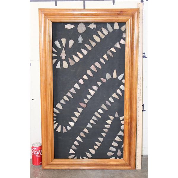 113 Authentic Prehistoric South Texas Willow Leaf Arrow Points or Flint Preforms in a Wood Frame