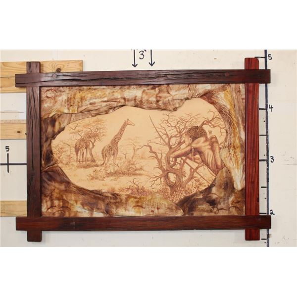 African Savanna Scene Tooled on ELEPHANT and OSTRICH Hide in an African Railwood Frame