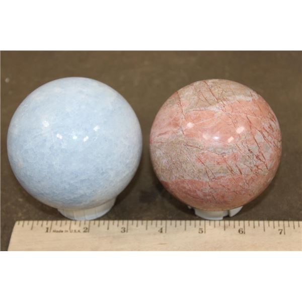 (1) BLUE CELESTITE Mineral Sphere and (1) PEACH MOONSTONE Mineral Sphere (ONE$)