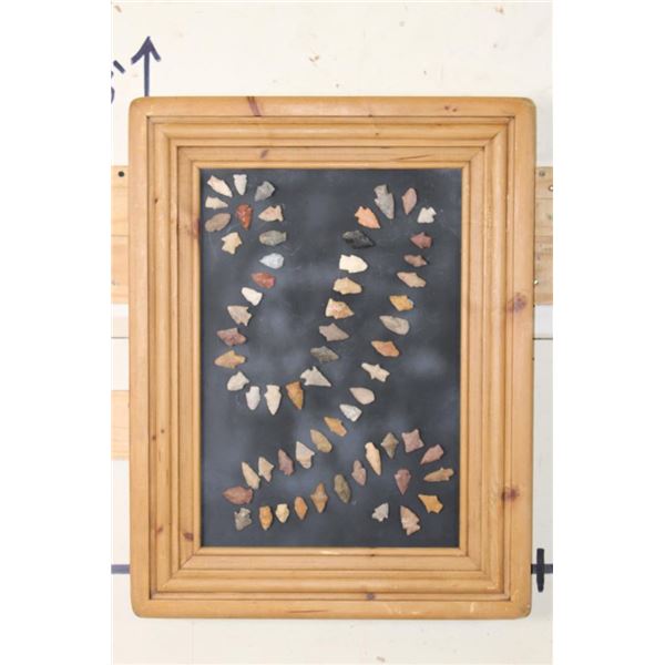 (62) Authentic Ancient Prehistoric Flint Arrow Points in a Wood Frame with No Glass