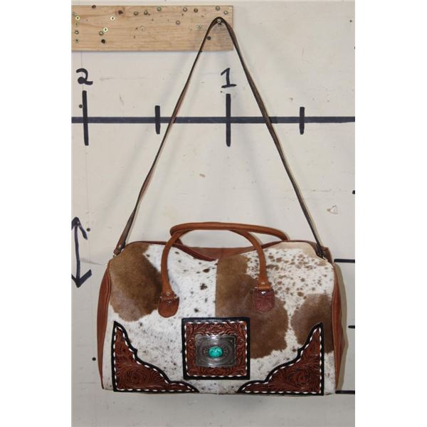 *Brand New* Brown and White COW HIDE Duffle Bag with Tooled Leather Straps