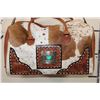 Image 2 : *Brand New* Brown and White COW HIDE Duffle Bag with Tooled Leather Straps