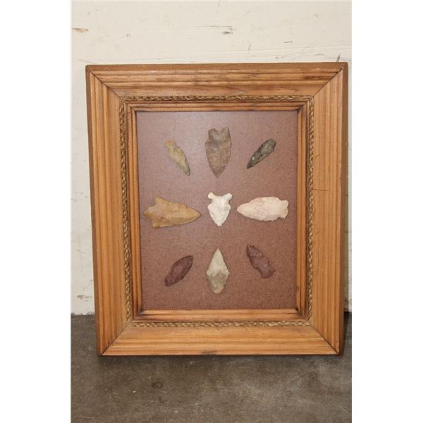 9 Prehistoric South Texas Bandera Willow Leaf Flint Spear Points or Preforms in a Glass and Wood