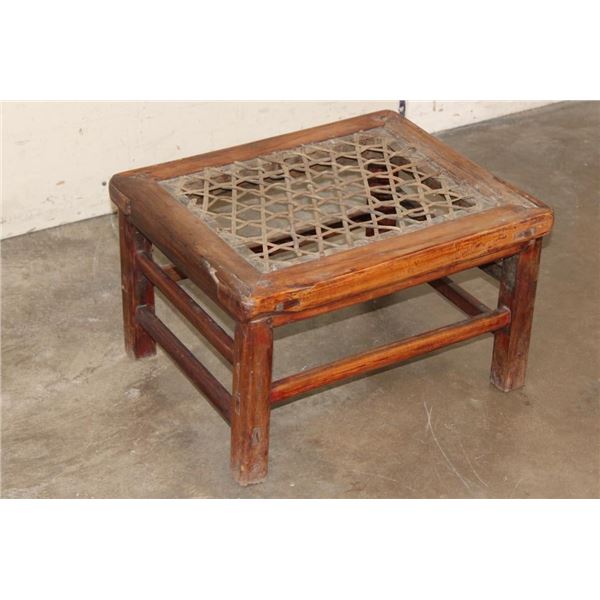 Antique Chinese Wood Stool with a Woven Hide Top
