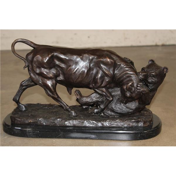 Bronze Fighting BULL AND BEAR Sculpture on a Marble Base, Weight 23 lbs