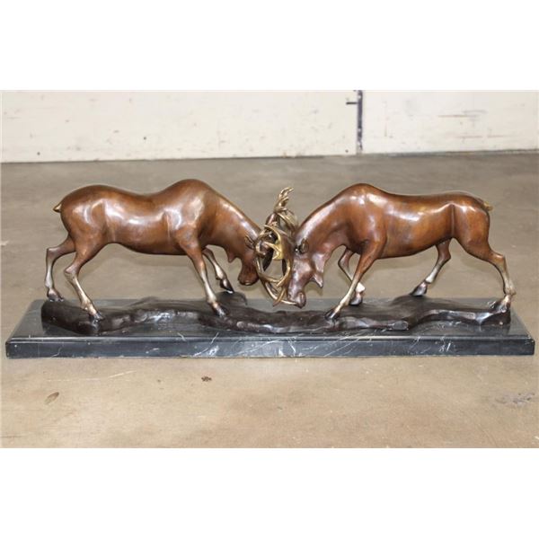 Big BRONZE Fighting MOOSE BULLS on a Marble Base, Weight 48 lbs