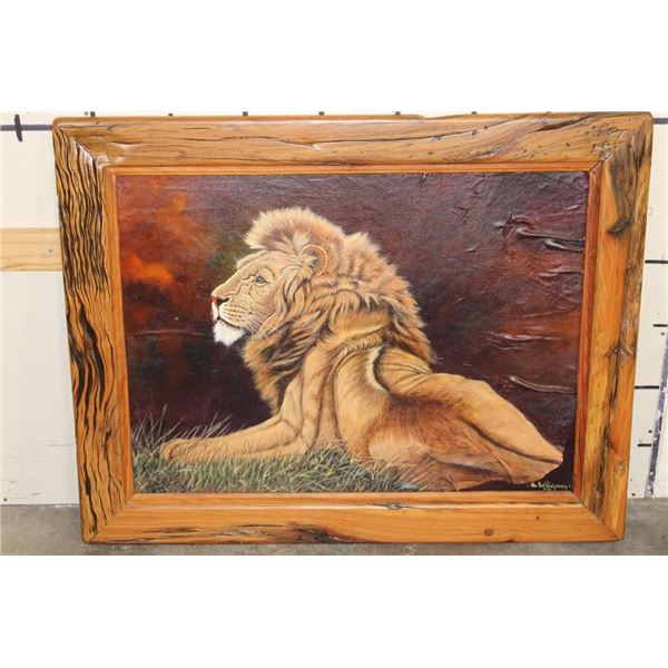 Original Oil Painted Leather Art signed by South African artist Nic Van Rensburg in a Railwood Frame