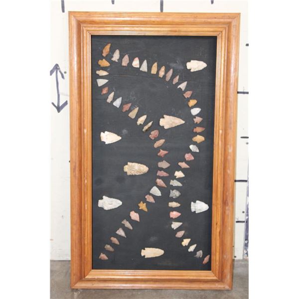 (62) Pre-historic Flint ARROW and SPEAR Points displayed in a Wood Frame (ONE$)