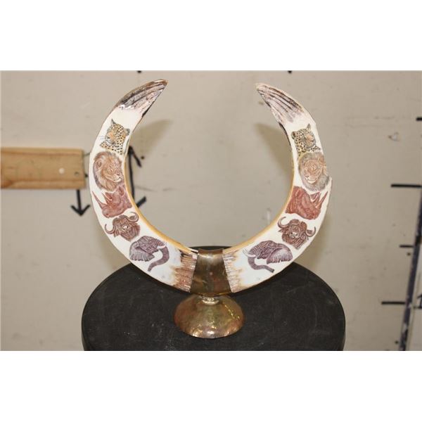 Scrimshawed HIPPOPOTAMUS IVORY Tusk signed by artist "PN" on a Brass Display Stand