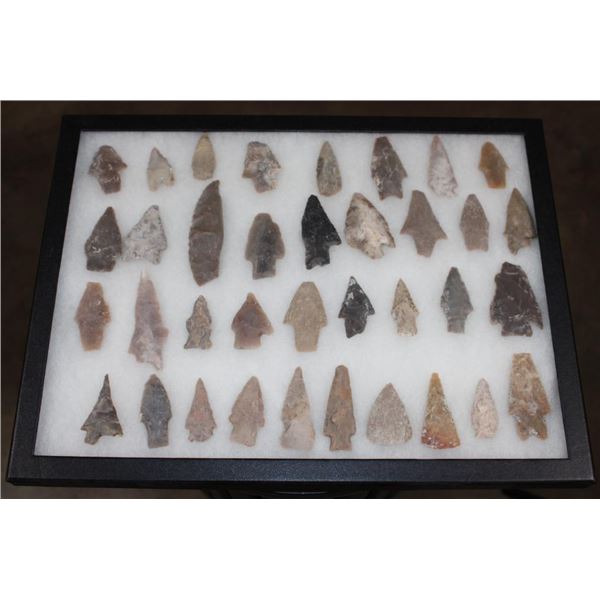 (36) Prehistoric South Texas Bandera Flint ARROWHEAD Surface Finds in a Display Case (ONE$)