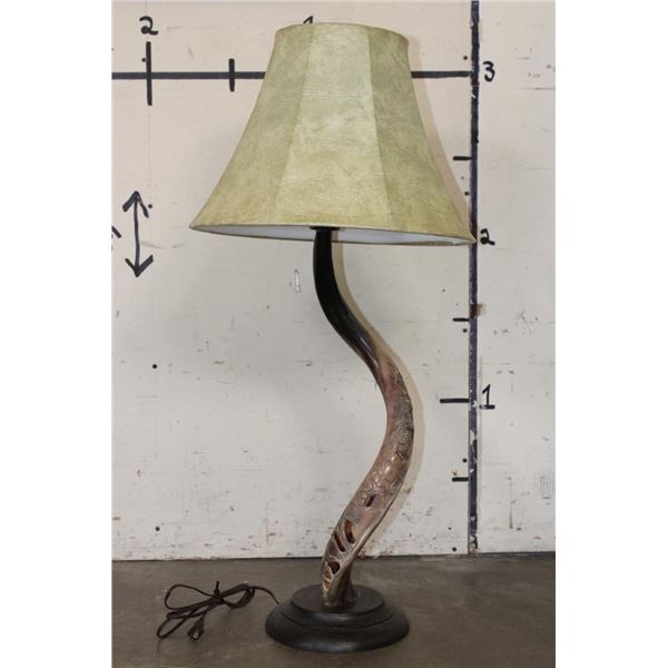 Carved and Polished KUDU Horn Lamp with a Cape Buffalo Scene