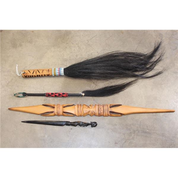 (2) African Animal TAIL SWATTERS, (1) Hand-carved Letter Opener and (1) Hand-carved Mask (ONE$)