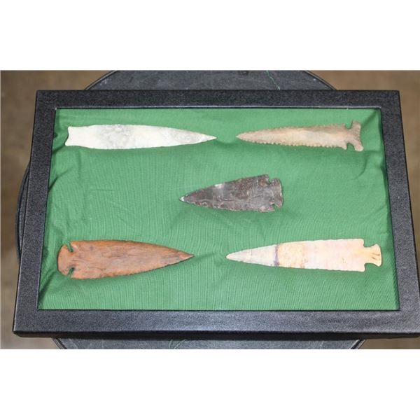 (5) Flint Spear Point ARROWHEADS in a Display Case (ONE$)