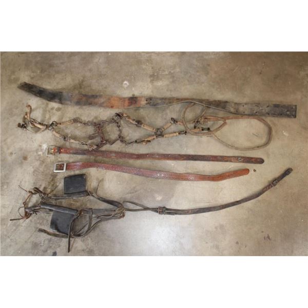 Antique "Old West" Horse Bits, Bridals, 2 Tooled Leather Belts, and a Leather Strap (ONE$)