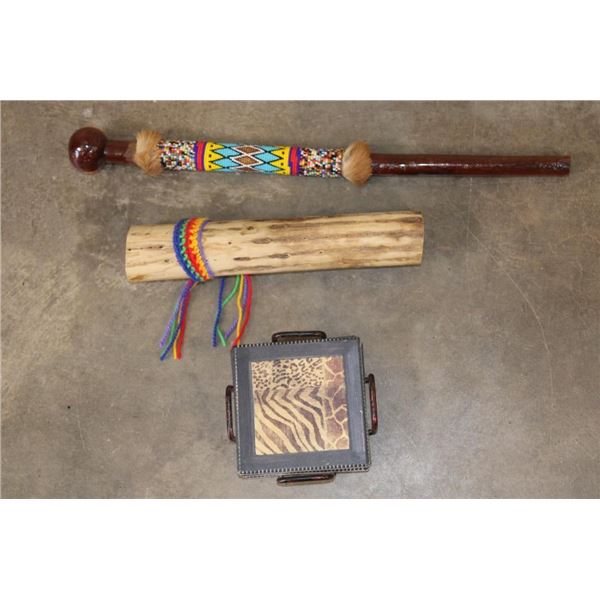 (1) Small Rainmaker, (1) Africa Themed Coaster Set, (1) Ceremonial Beaded Zulu Knobkerrie Club