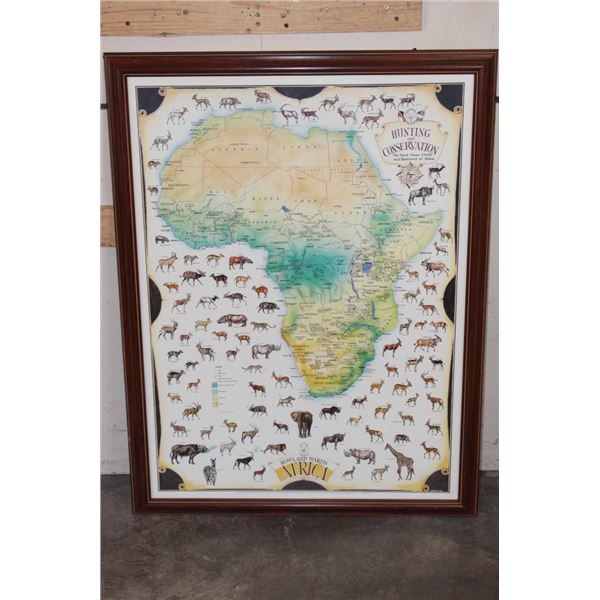 Rowland Ward "Hunting and Conservation" Africa Map Print by artist E. Buckley in a Wood and Glass