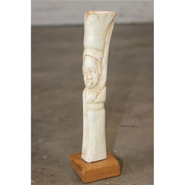 African Woman Figure Statue Carved from Bone on a Wood Stand