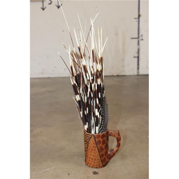 Over 50 African PORCUPINE Quills and 4 GUINEAFOWL Feathers in a Wooden Decorative Mug (ONE$)