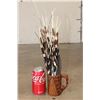 Image 2 : Over 50 African PORCUPINE Quills and 4 GUINEAFOWL Feathers in a Wooden Decorative Mug (ONE$)