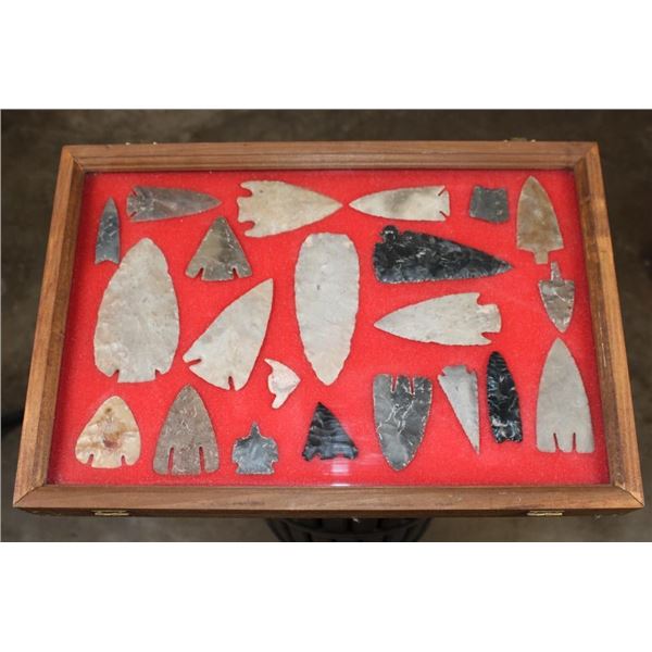 (22) Walnut Press Frame of an incredible group of ARROWHEADS in various Types and Types of Flint (ON