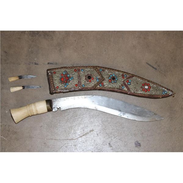 Antique 19th Century (1800's) Nepalese KUKRI KNIFE with a Beaded Sheath