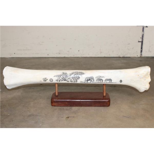 Scrimshawed GIRAFFE Femur Bone on a Wooden Display Stand by African Artist J.Nkosi
