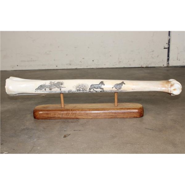 Scrimshawed GIRAFFE Leg Bone on a Wooden Display Stand by African Artist J.Nkosi