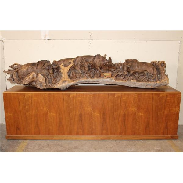 Huge Original Hand-carved Leadwood Sculpture of WILDEBEESTS by artist Robert Nzali