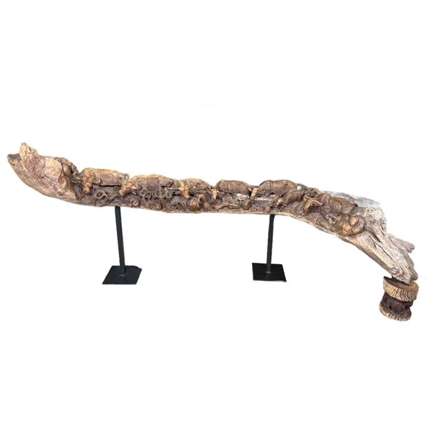 XXL 8' 10" Long Original Leadwood Carving of 3 CAPE BUFFALO and 4 WILDEBEEST by artist Robert Nzali