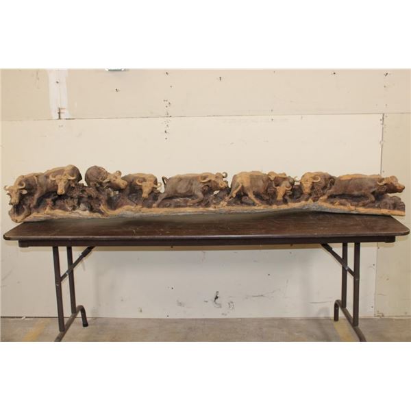 6' Long Original Hand-carved Leadwood CAPE BUFFALO Heard Sculpture by artist Mandla Khumalo