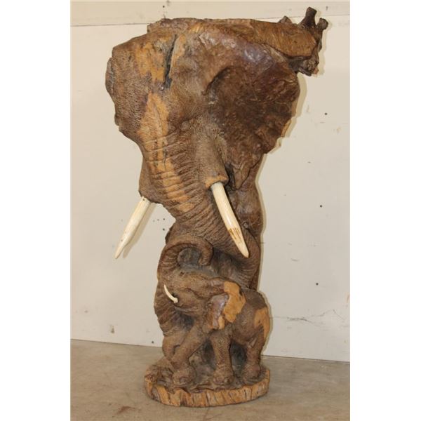 XL Leadwood Carving of a Mother ELEPHANT with HIPPO Tooth Ivory Tusks, her Calf, and a GIRAFFE