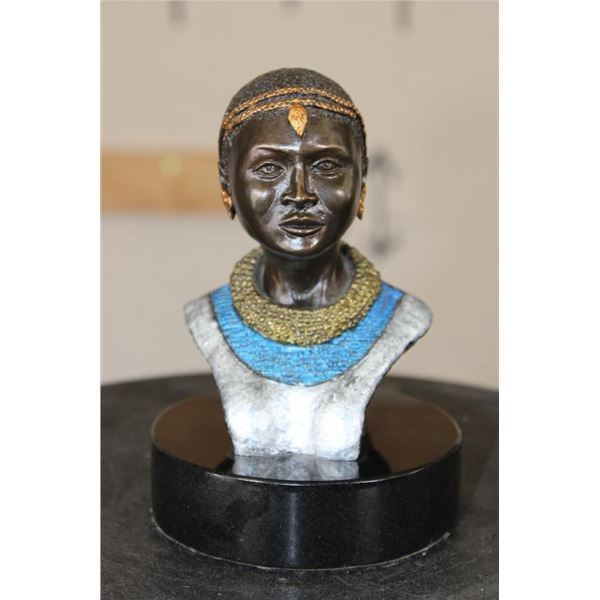 Original Bronze Female Masai Woman Bust on a Black Granite Base signed and numbered by Raj S. Paul