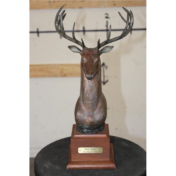 Original Cast Bronze "RED STAG" on a Wooden Base signed and numbered by Raj   S. Paul