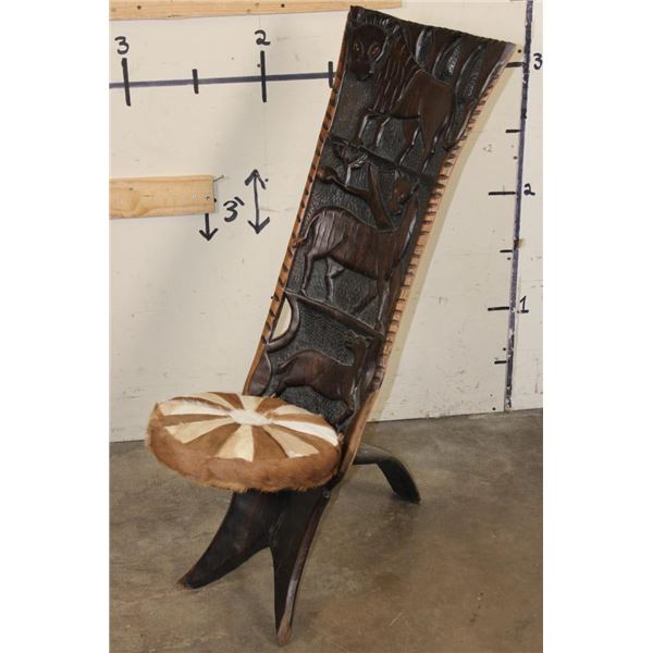 Hand-carved African Palaver Chair with an IMPALA and SPRINGBOK Hide Seat Cushion