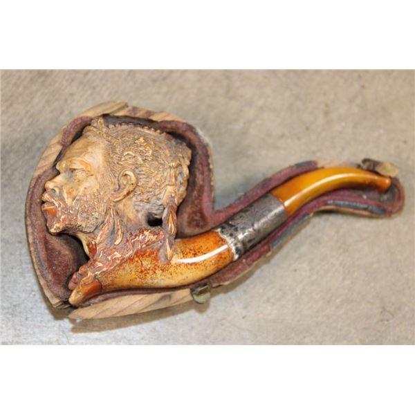 Antique Hand-carved Meerschaum Pipe of an "African Chieftain" with a Bakelite Stem in a Custom Case