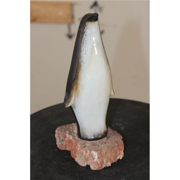 Original signed Maigonis Daga Ceramic PENGUIN Sculpture on a Petrified Wood Base