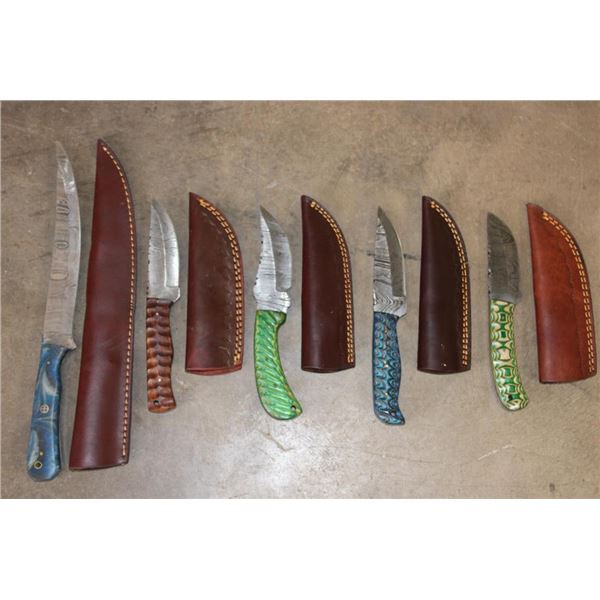 (5) Damascus Steel KNIVES with Leather Sheaths (ONE$)