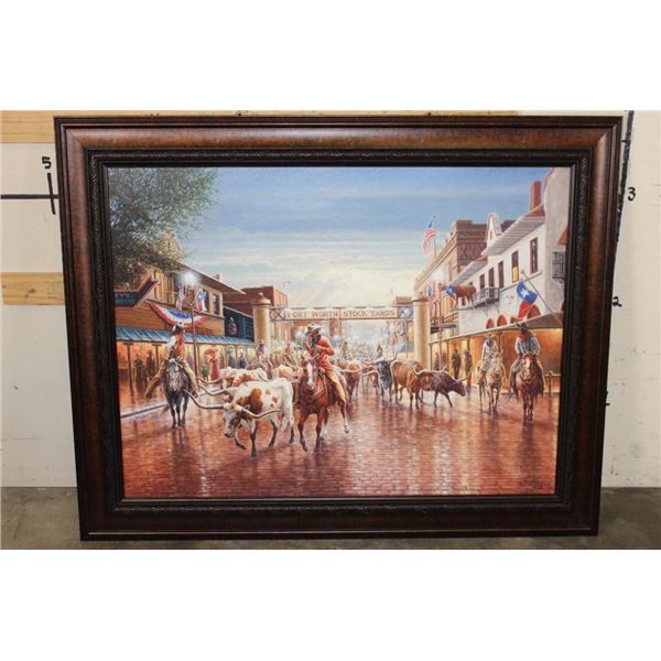 XXL "Cowtown" Giclee Signed and Numbered by Jack Terry in a Wood and Glass Frame (COA Included)