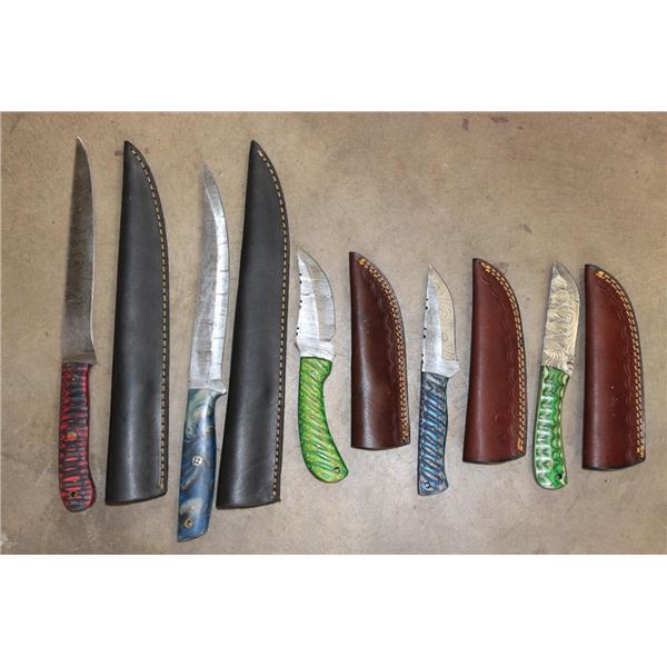 (5) Damascus Steel KNIVES with Leather Sheaths (ONE$)