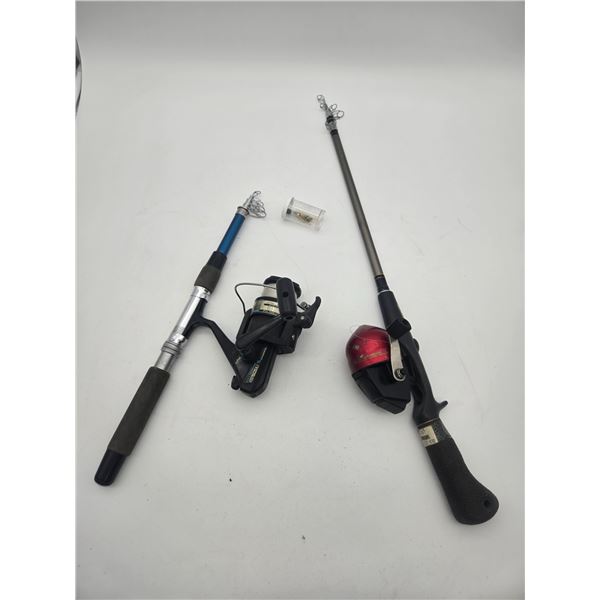 2 collapsible travel fishing rods with reels.